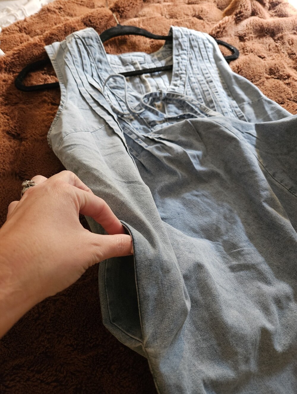 Cottage Light Blue Denim Pocket Oversized Midi Dress with Pintuck Front Size S - Picture 5 of 7